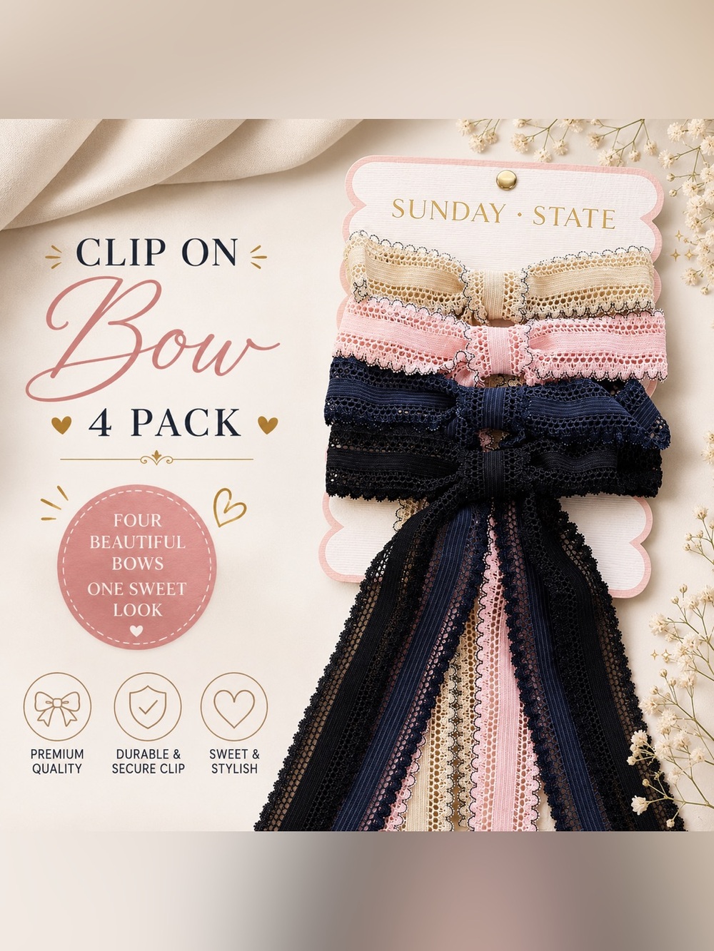 Sunday State Clip on Bows-Set of 4